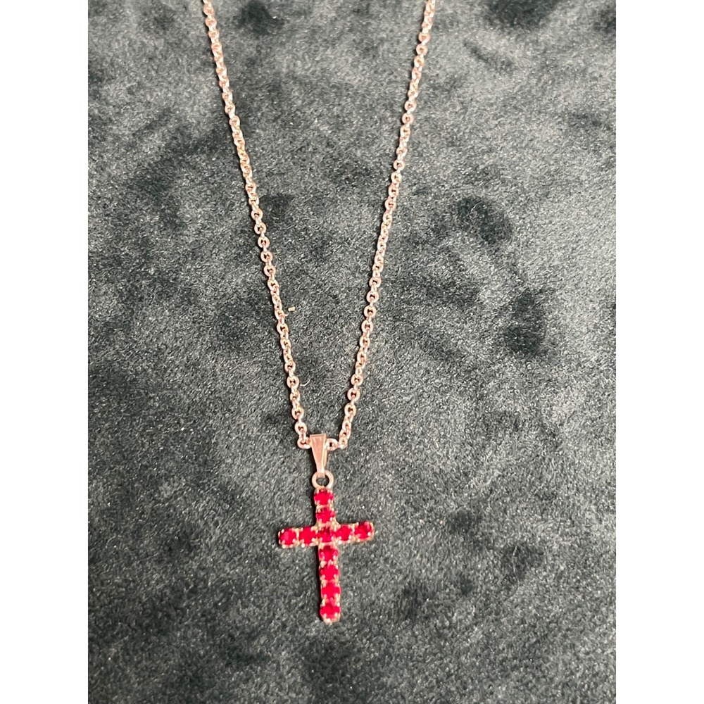Gold Tone Red Rhinestone Cross Pendant Necklace Religious Jewelry 18-20 Inch - Picture 2 of 6